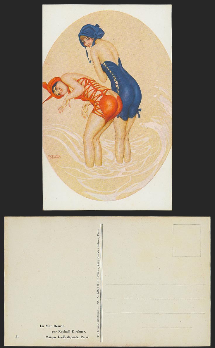 Raphael Kirchner Old Postcard La Mer fleurie Glamour Bathers Early Bathing Suits