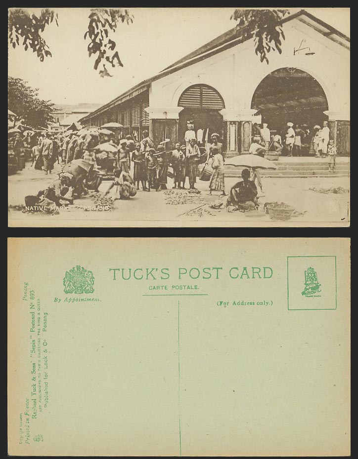 Penang Old Tuck's Sepia Postcard Native Market, Malay Sellers Vendors Merchants