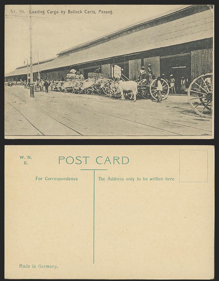 Penang Old Postcard Loading Cargo by Bullock Carts Cattle Tramlines Street Scene