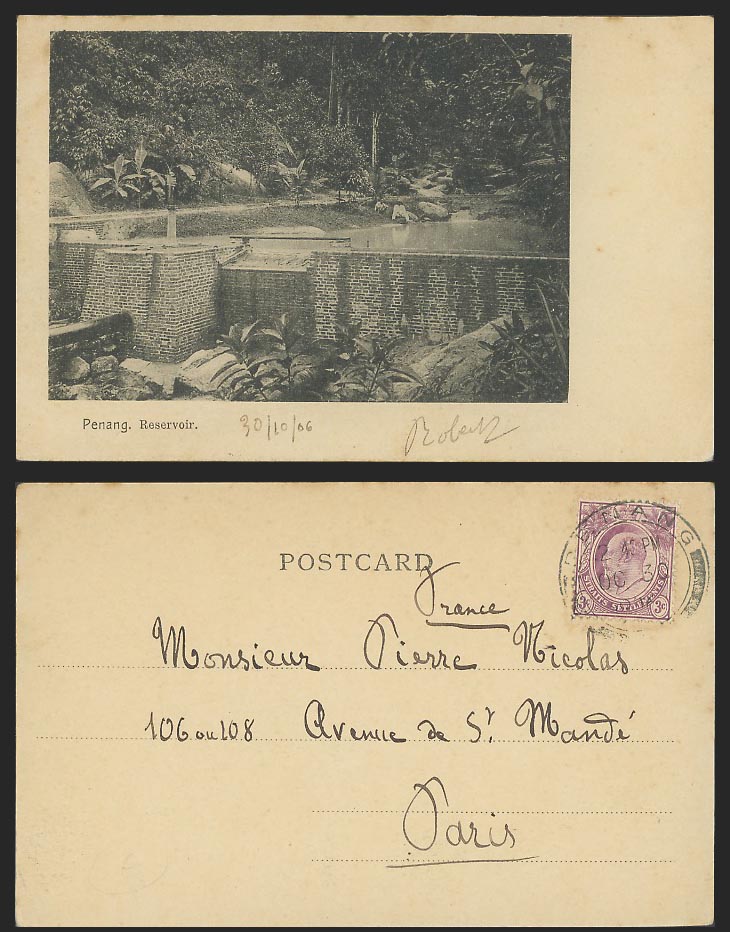 Penang Reservoir Straits Settlements KE7 3c 1906 Old UB Postcard to Paris France