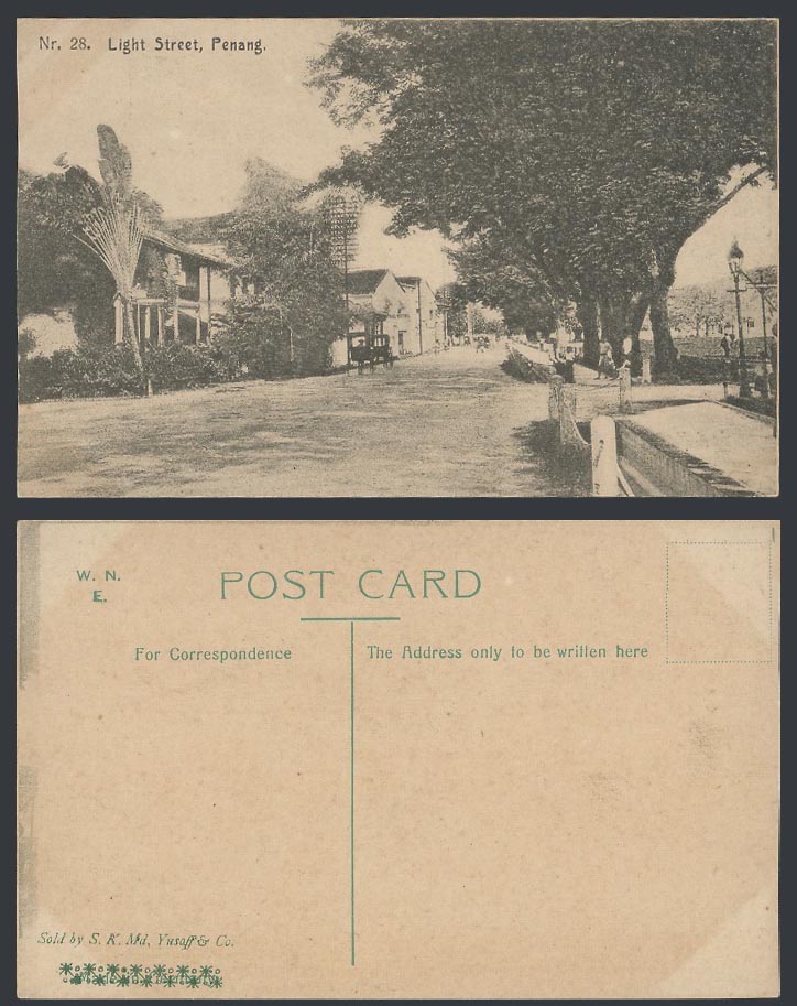 Penang Old Postcard Light Street Scene, Hotel, Rickshaw, Traveller's Palm Tree