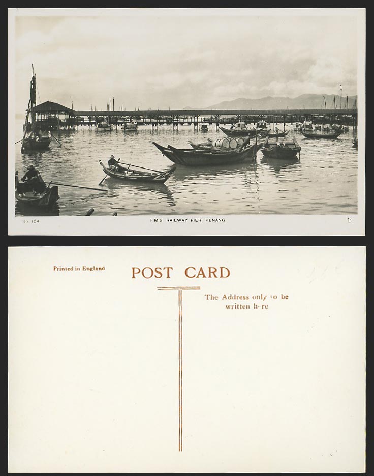 Penang Old Real Photo Postcard F.M.S. Railway Pier, Native Boats and Harbour 164
