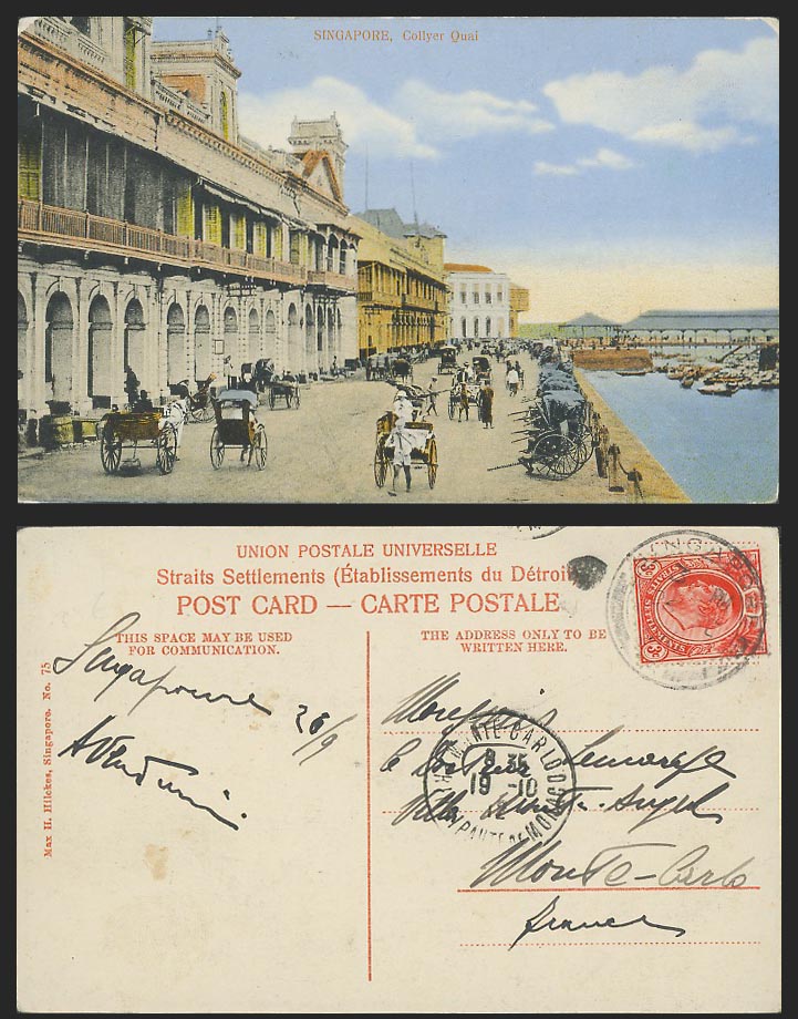 Singapore 3c. 1912 Old Colour Postcard Collyer Quai Quay Street Harbour Rickshaw