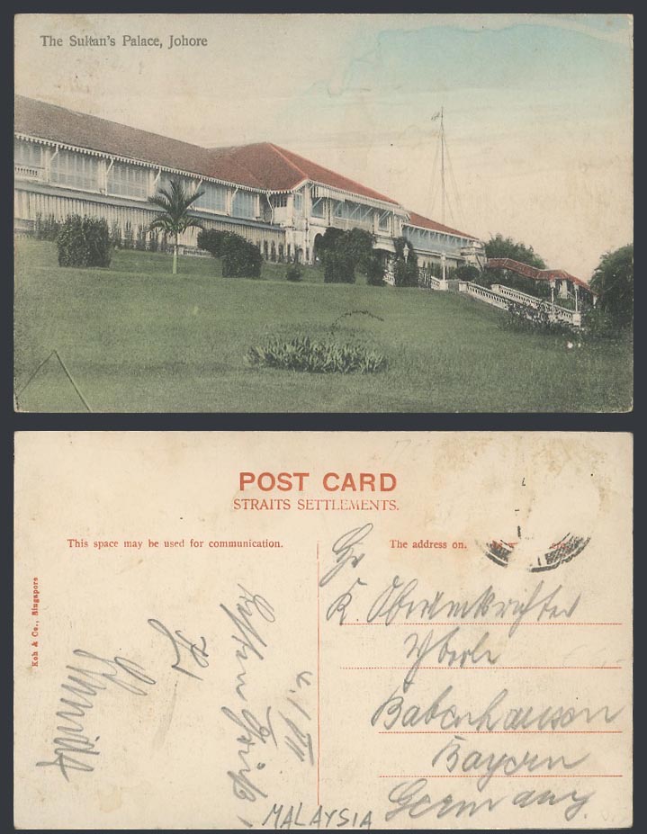 Johore Old Hand Tinted Postcard The Sultan's Palace, Malaya, Koh & Co. Singapore
