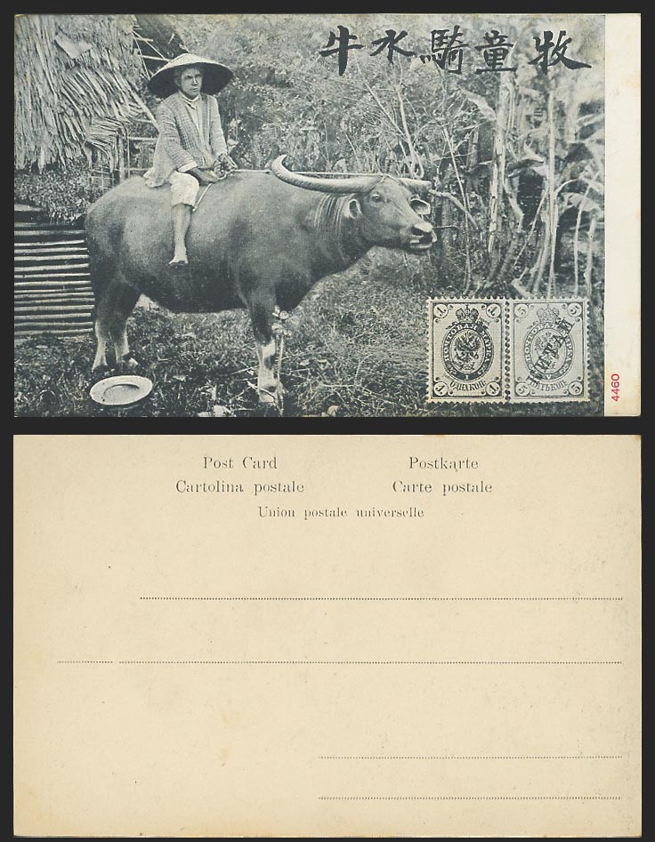 China Old UB Postcard Chinese Cowboy on Water Buffalo 牧童騎水牛 Russian Stamps Illus