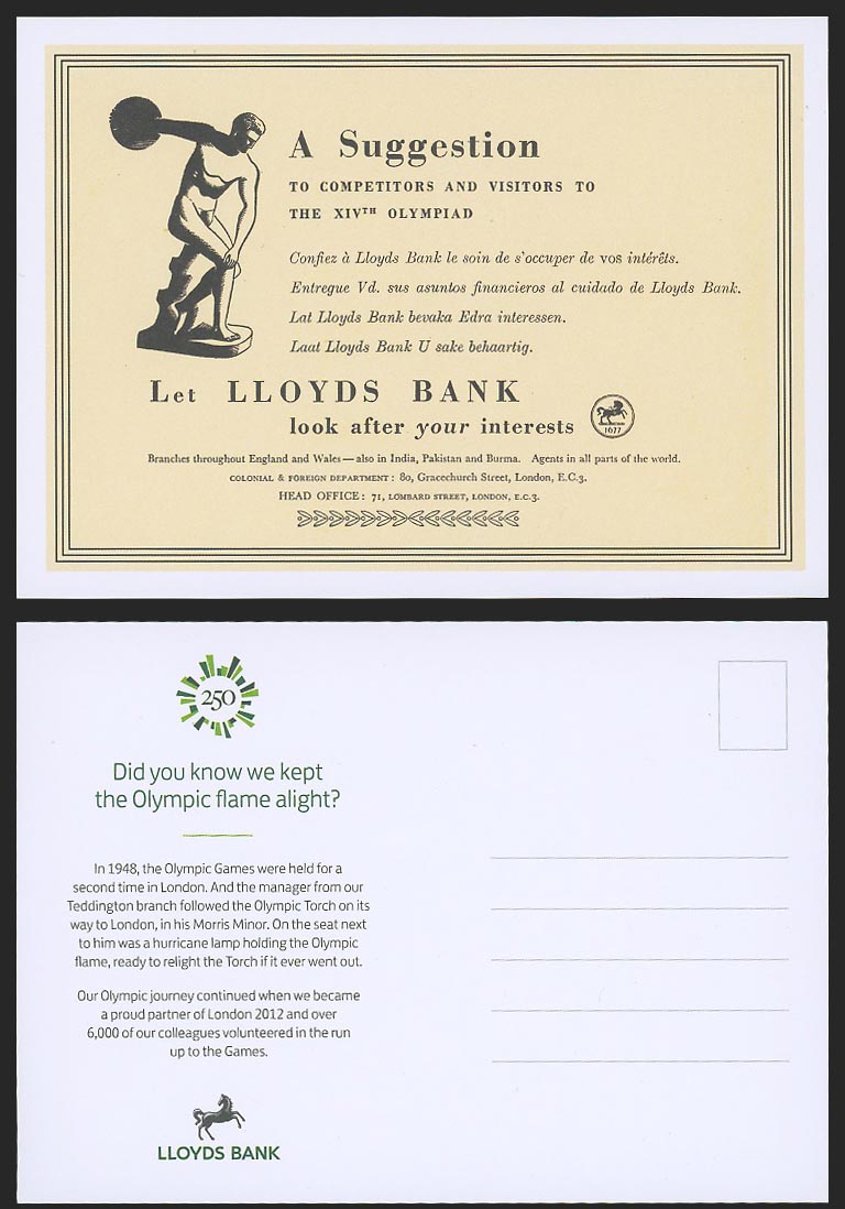 XIVth OLYMPIAD Olympic Let Lloyds Bank Look after your interests Advert Postcard