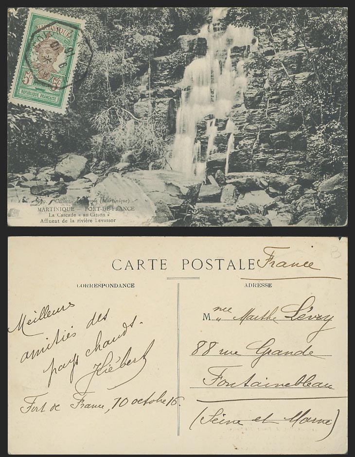 Martinique 5c 1916 Old Postcard Fort-de-France Cascade au Citron Waterfall Falls