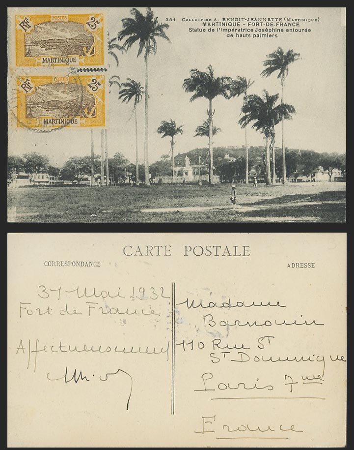Martinique 25c x 2 1932 Old Postcard Fort-de-France Statue Imperatrice Josephine