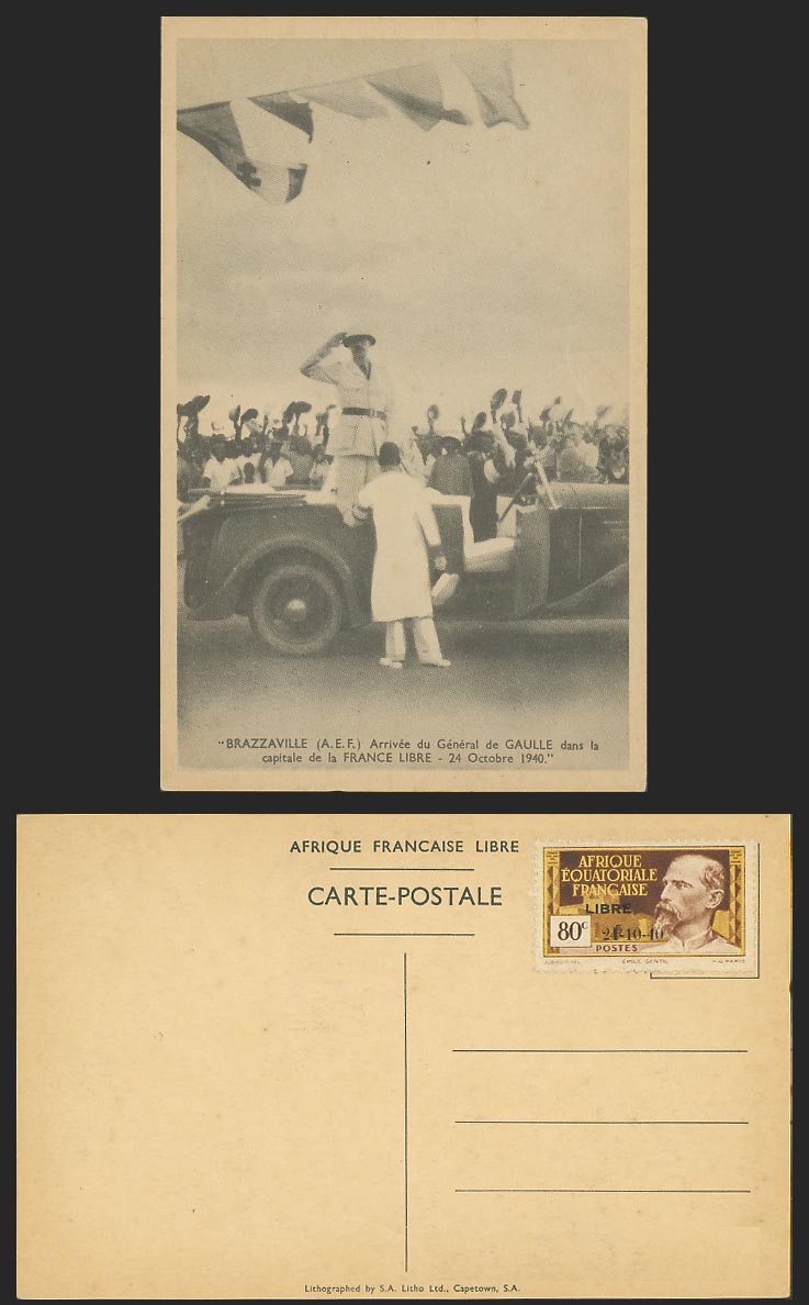 French Congo, Brazzaville, A.E.F. Arrival of General de Gaulle 1940 Old Postcard