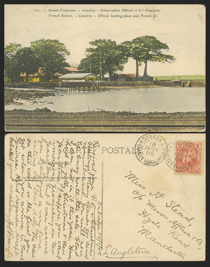 French Guinea 10c 1908 Old Postcard Conakry, Official Landing Place & French Co.