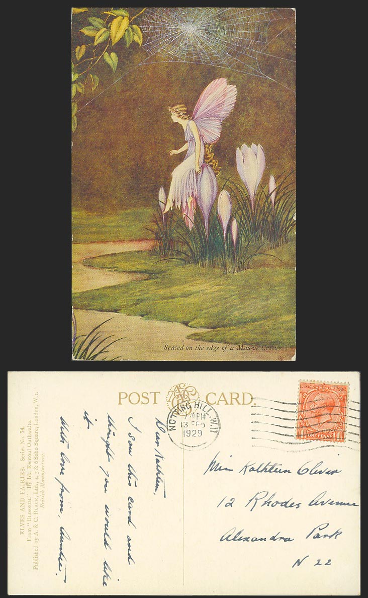 Ida Rentoul Outhwaite 1929 Old Postcard Fairy Seated on the Edge of Mauve Crocus