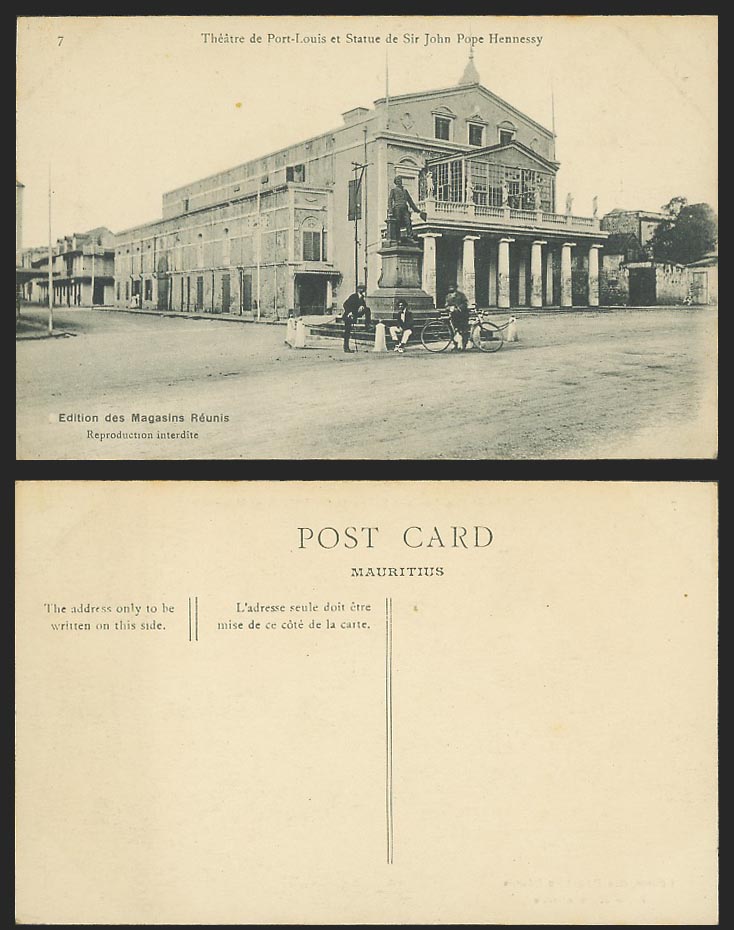 Mauritius Old Postcard Port Louis Theatre, Sir John Pope Hennessy Statue Bicycle