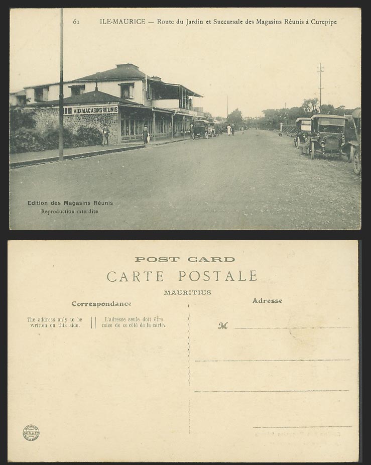 Mauritius Old Postcard Curepipe Route du Jardin Succursale Magasins Reunis, Cars