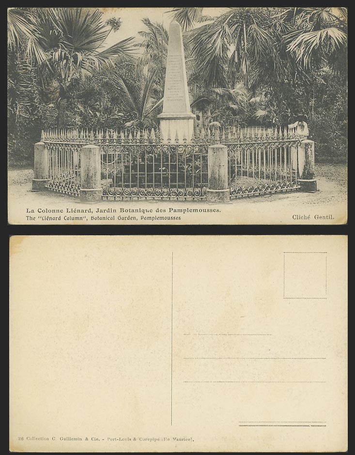 Mauritius Old Postcard La Colonne Lienard Column, Pamplemousses Botanical Garden