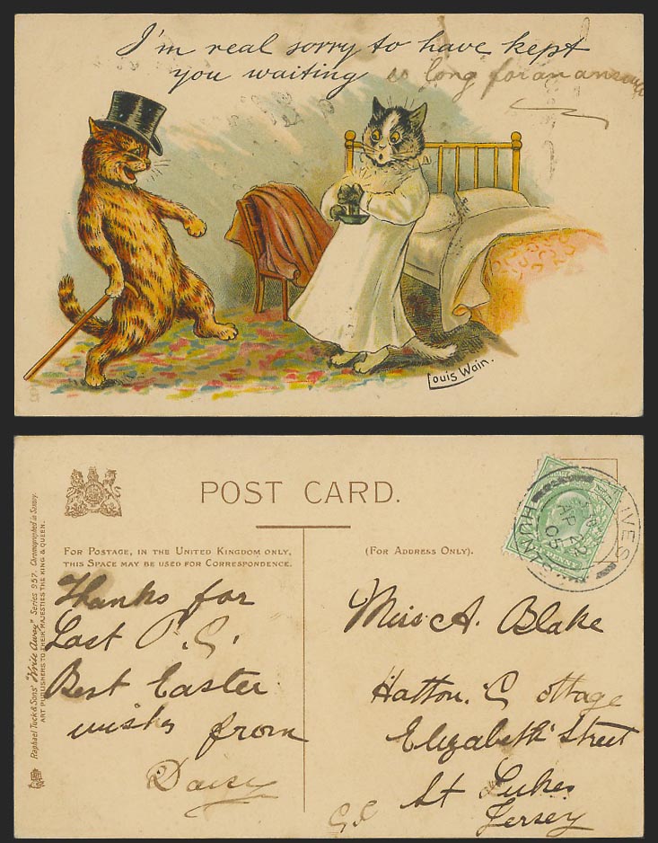 Louis Wain Artist Signed Cat Sorry Kept You Waiting Write Away 1905 Old Postcard