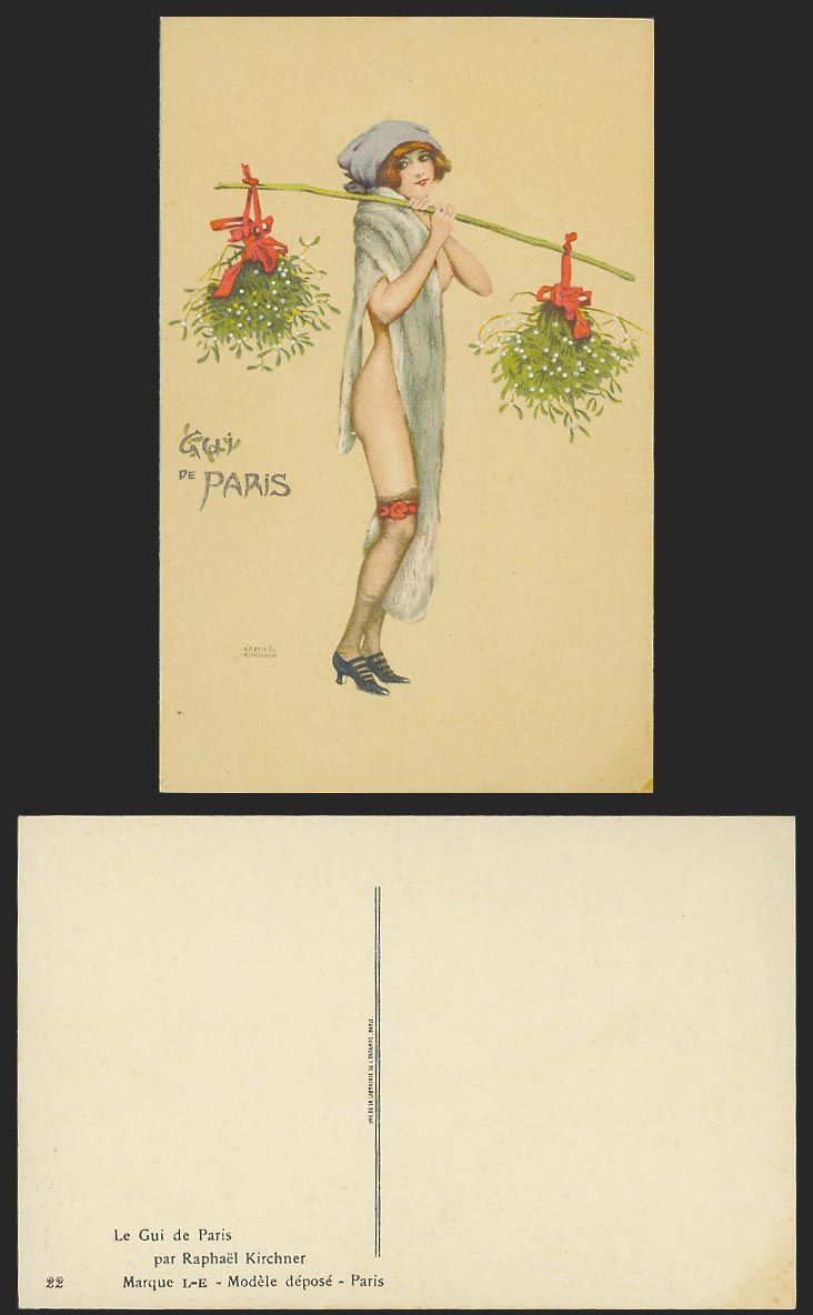 Raphael Kirchner Old Postcard Le Gui de Paris Glamour Lady & Mistletoe Christmas