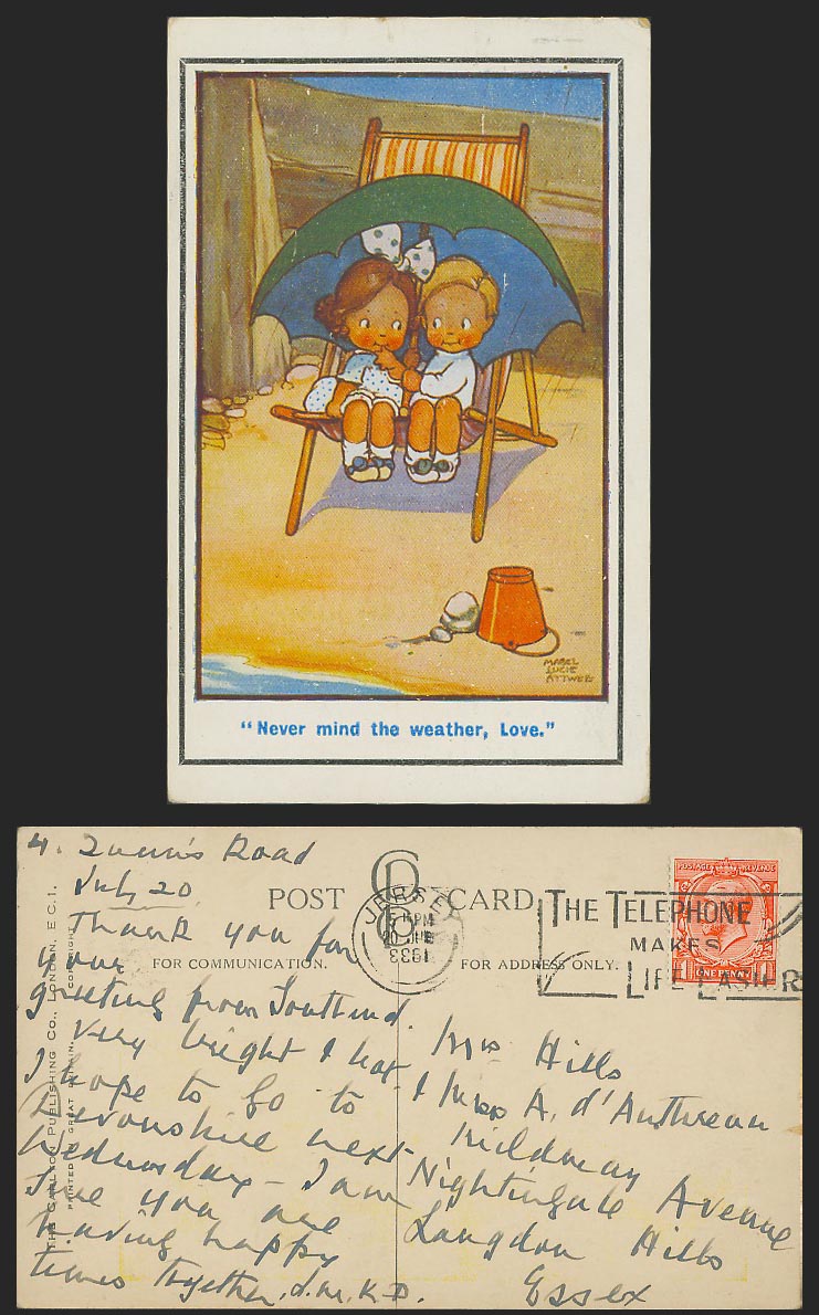 MABEL LUCIE ATTWELL 1933 Old Postcard Never Mind the Weather Love Beach Umbrella