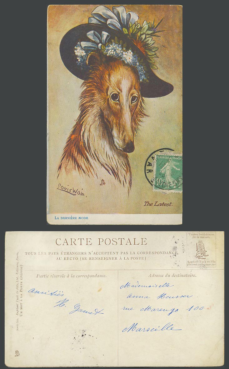 LOUIS WAIN Artist Signed Collie Dog Latest Fashion La Derniere Mode Old Postcard