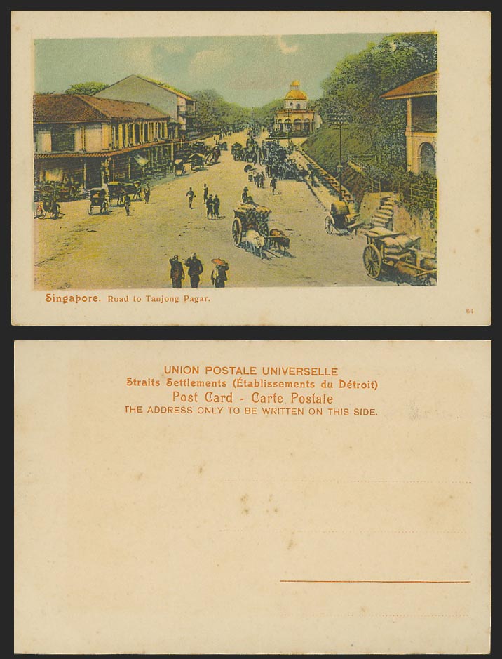 Singapore Old Colour Postcard Road to Tanjong Pagar Bullock Cart Street Scene 64