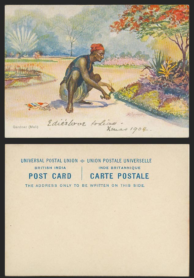 India M.V. Dhurandhar 1904 Old ART Postcard Native Gardner Mali Gardener, Garden