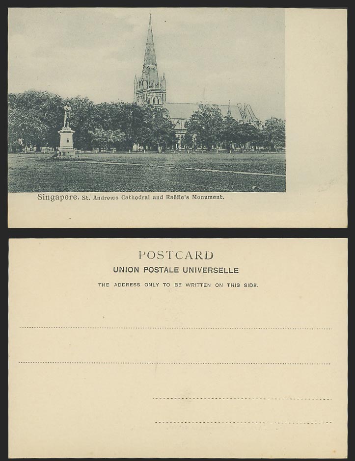 Singapore Old UB Postcard St. Andrews Cathedral Church, Stamford Raffle's Statue
