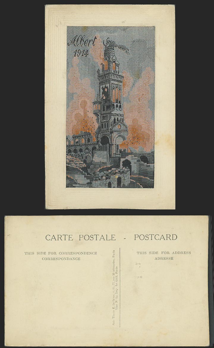 WW1 Woven SILK Old Postcard ALBERT 1914 Building on FIRE War BOMBARDMENT Novelty