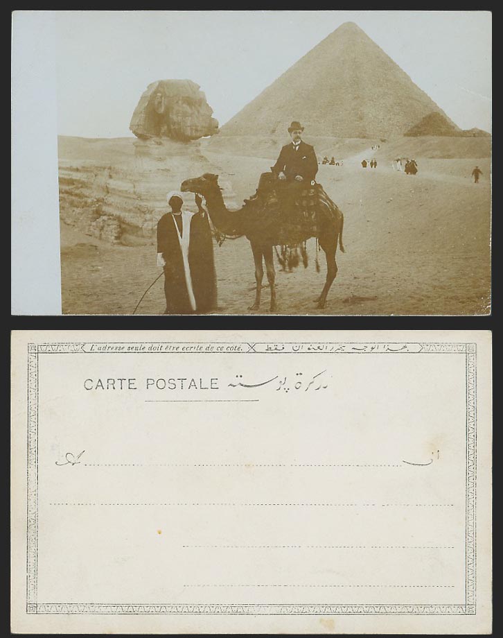 Egypt Old Real Photo Postcard Sphinx Pyramid, Western Camel Rider & Native Guide