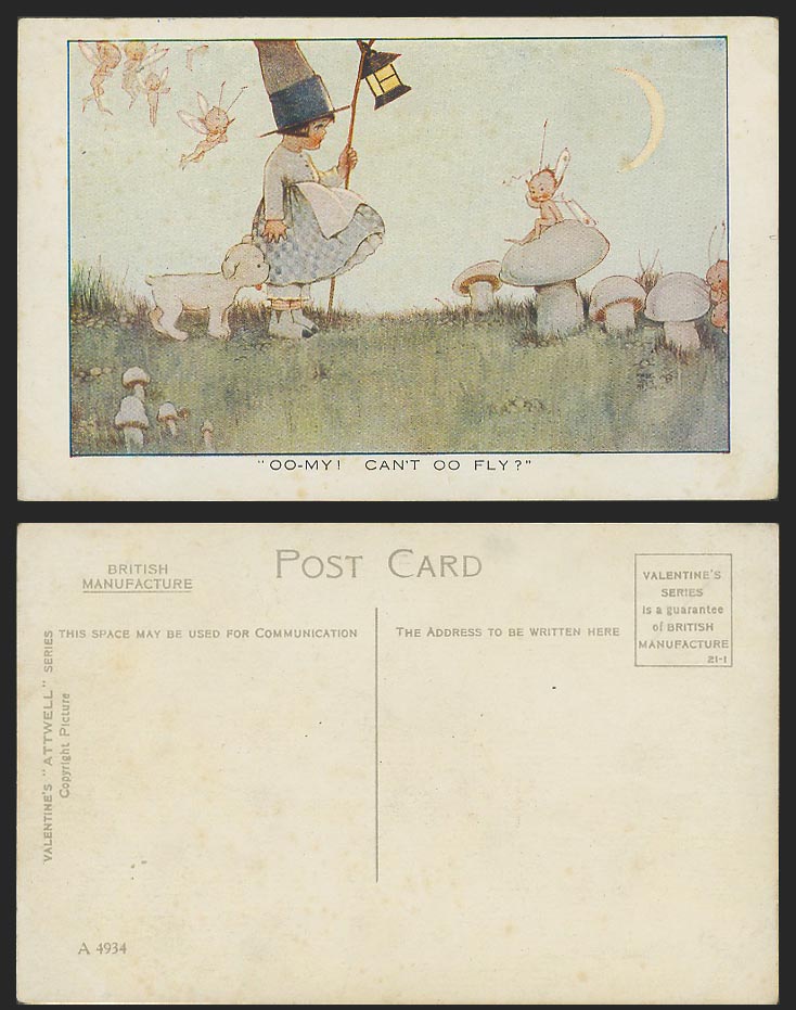 MABEL LUCIE ATTWELL Old Postcard OO-My Can't OO Fly? Mushrooms Dog Fairies A4934
