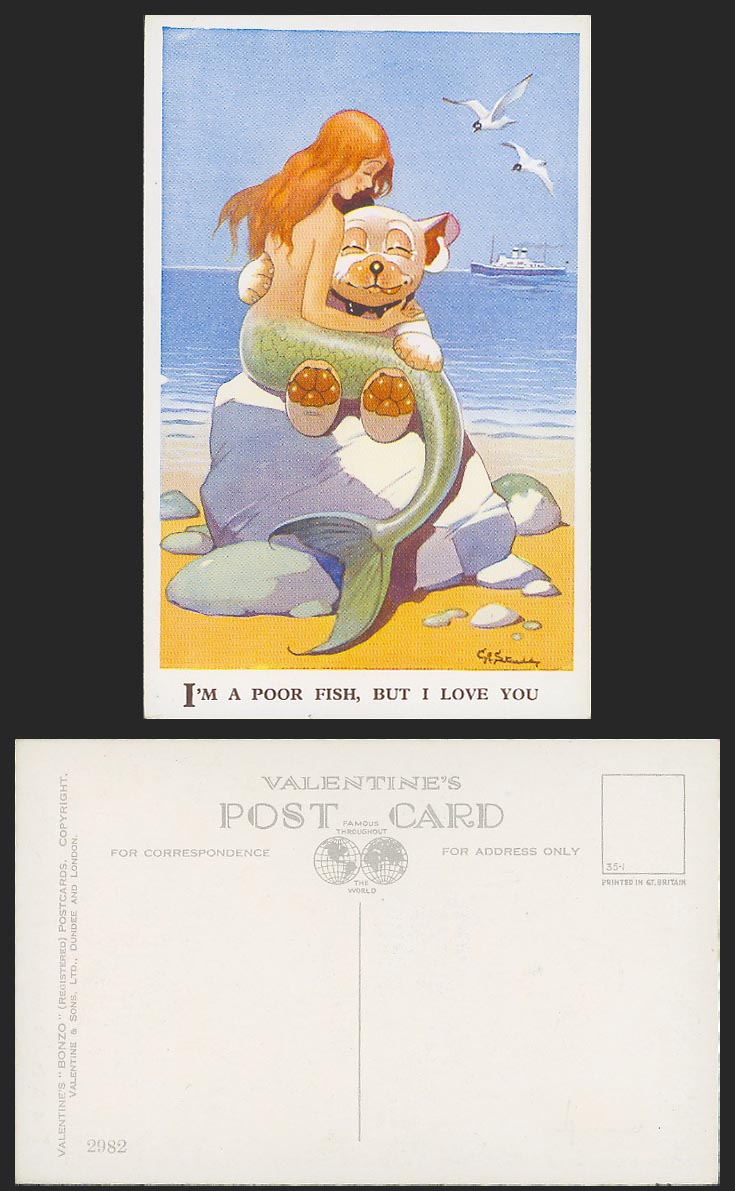 BONZO DOG GE Studdy Old Postcard Mermaid I'm a Pool Fish But I Love You No. 2982