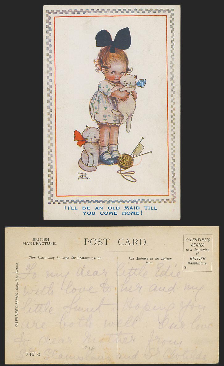 MABEL LUCIE ATTWELL Old Postcard I'll Be Old Maid Till You Come Home! Cats 74510