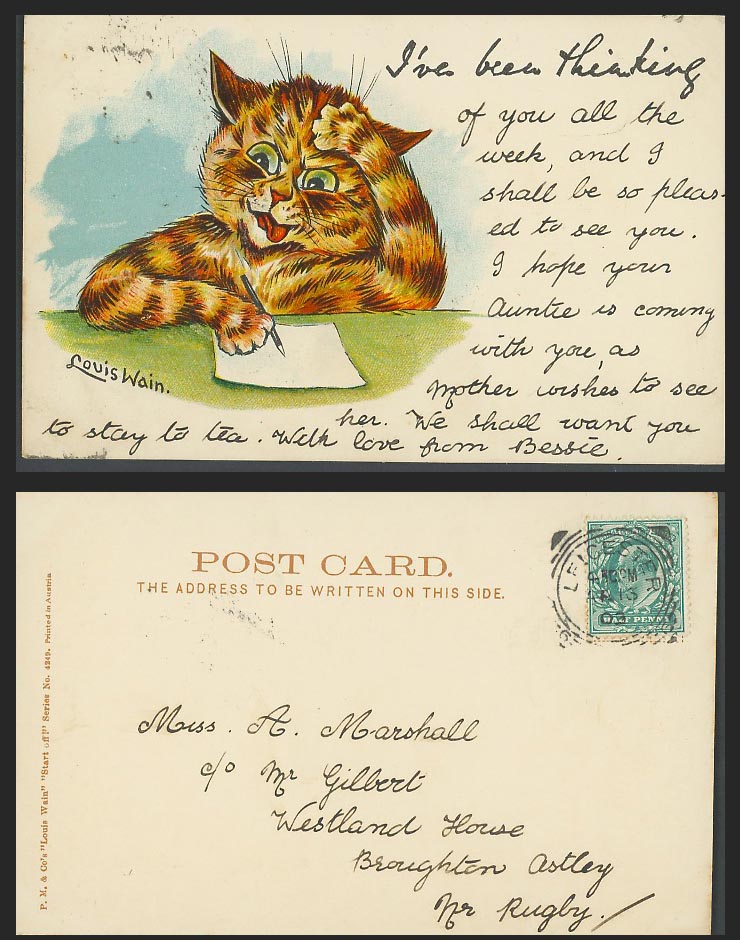 Louis Wain Artist Signed Cat Kitten I've Been Thinking 1/2d 1903 Old UB Postcard