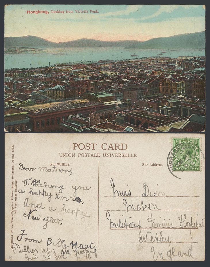 Hong Kong GB 1/2d Curragh Camp 1913 Old Postcard View Looking from Victoria Peak