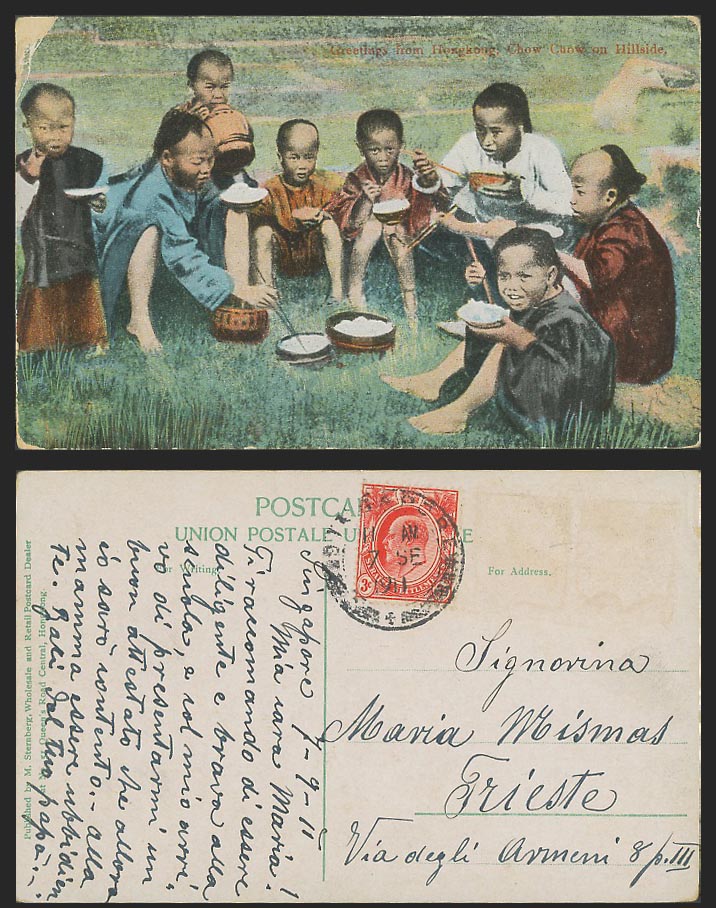 Hong Kong S.S.KE7 3c 1911 Old Colour Postcard Chinese Boys Chow Chow on Hillside