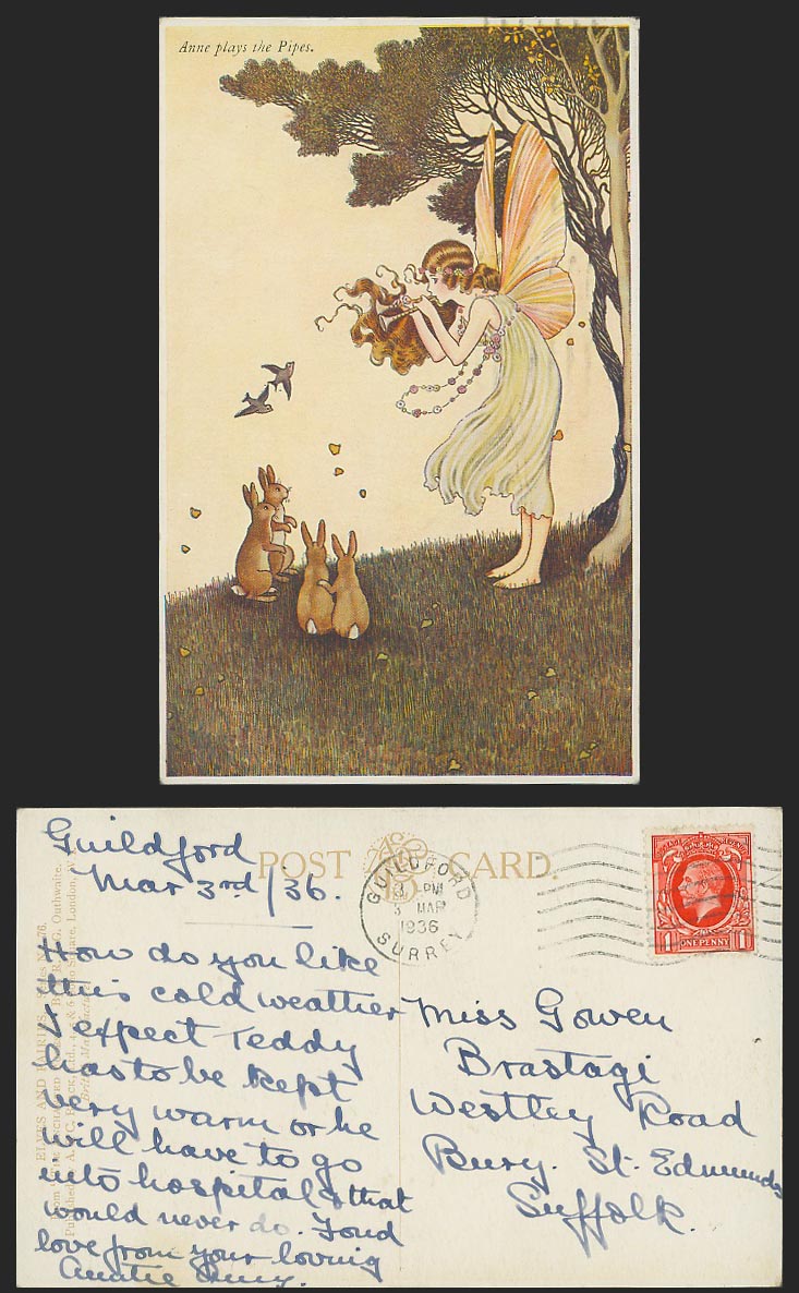 Ida Rentoul Outhwaite 1936 Old Postcard Fairy Girl Anne Plays the Pipes Rabbits