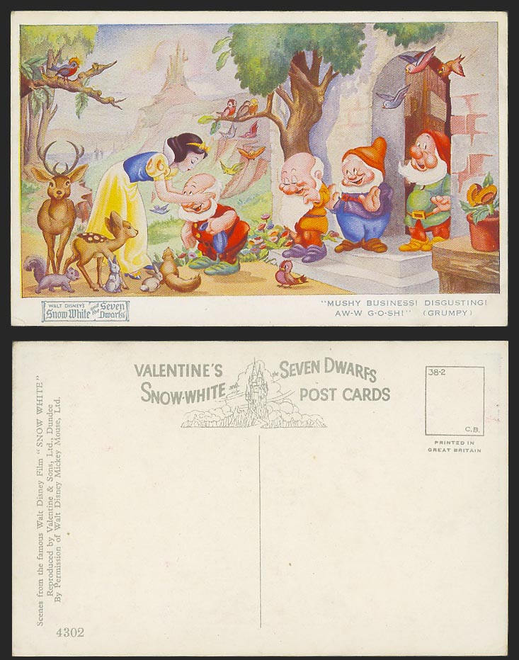Walt Disney 1937 Film Old Postcard Snow White Seven Dwarfs Mushy Business Grumpy