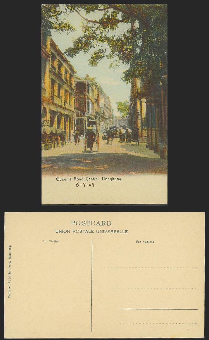 Hong Kong 1909 Old Postcard Queen's Road Central Street Scene, Rickshaw & Coolie