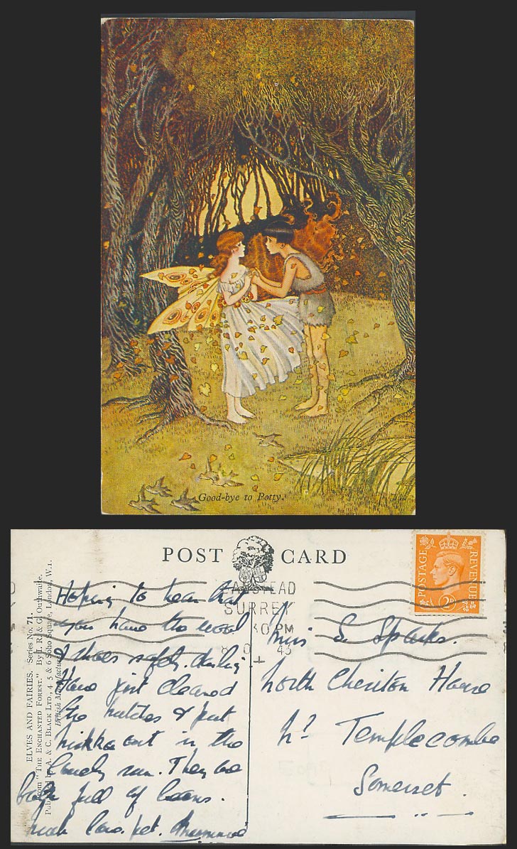 Ida Rentoul Outhwaite 1943 Old Postcard Good-Bye to Potty Fairy Enchanted Forest