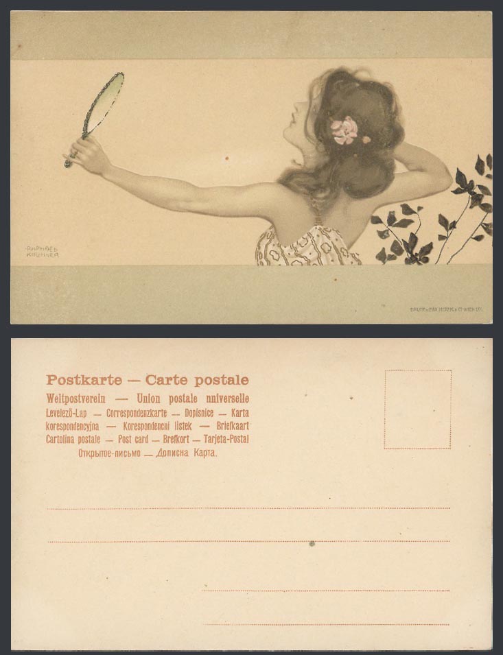 Raphael Kirchner Old UB Postcard Glamour Lady Woman Girl Holding a Mirror Flower