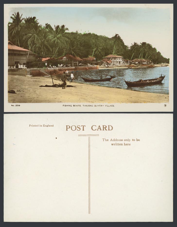 Penang Old Real Photo Colour Postcard Tanjong Bungah Village Fishing Boats Canoe