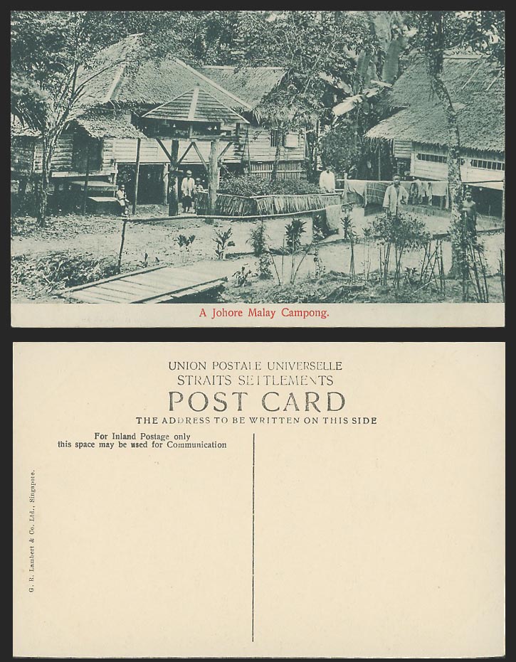 Johore Old Postcard A Johore Malay Campong, Bridge Native Houses Children Malaya