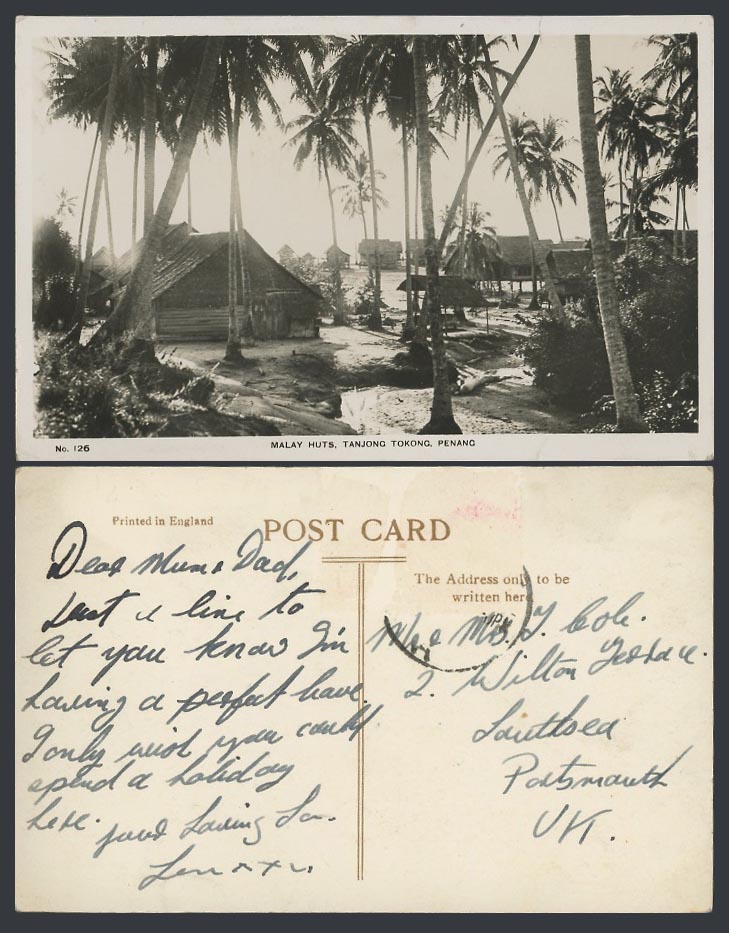 Penang Tanjong Tokong, Malay Houses on Stilts Palm Trees Old Real Photo Postcard
