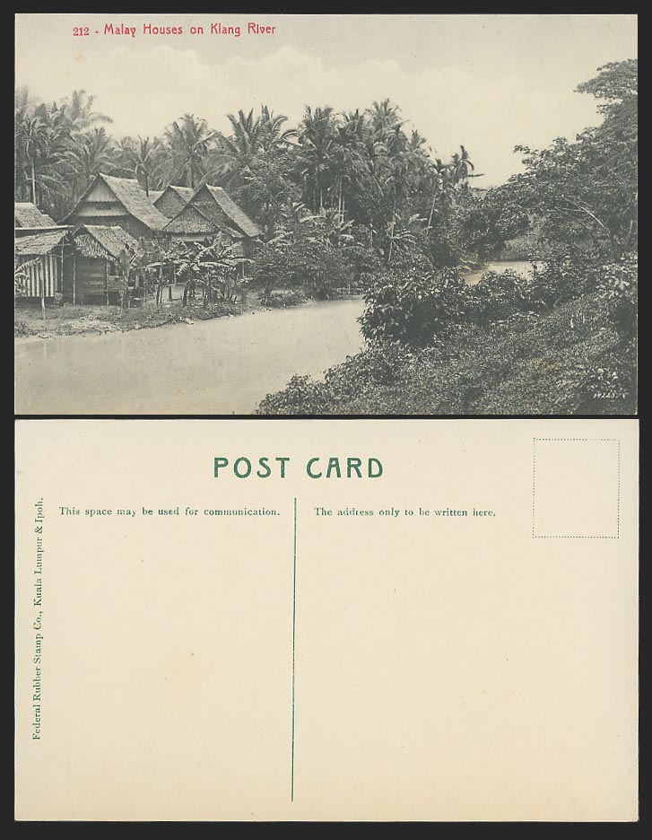 Singapore Old Postcard Malay Houses on Klang River Scene, Native Huts Palm Trees
