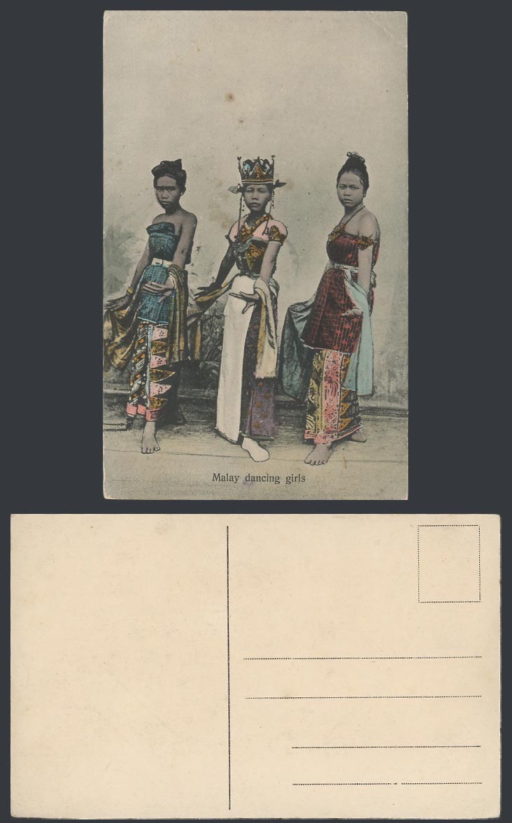 Singapore Old Hand Tinted Postcard 3 Kling Dancing Girls Women Dancers, Costumes