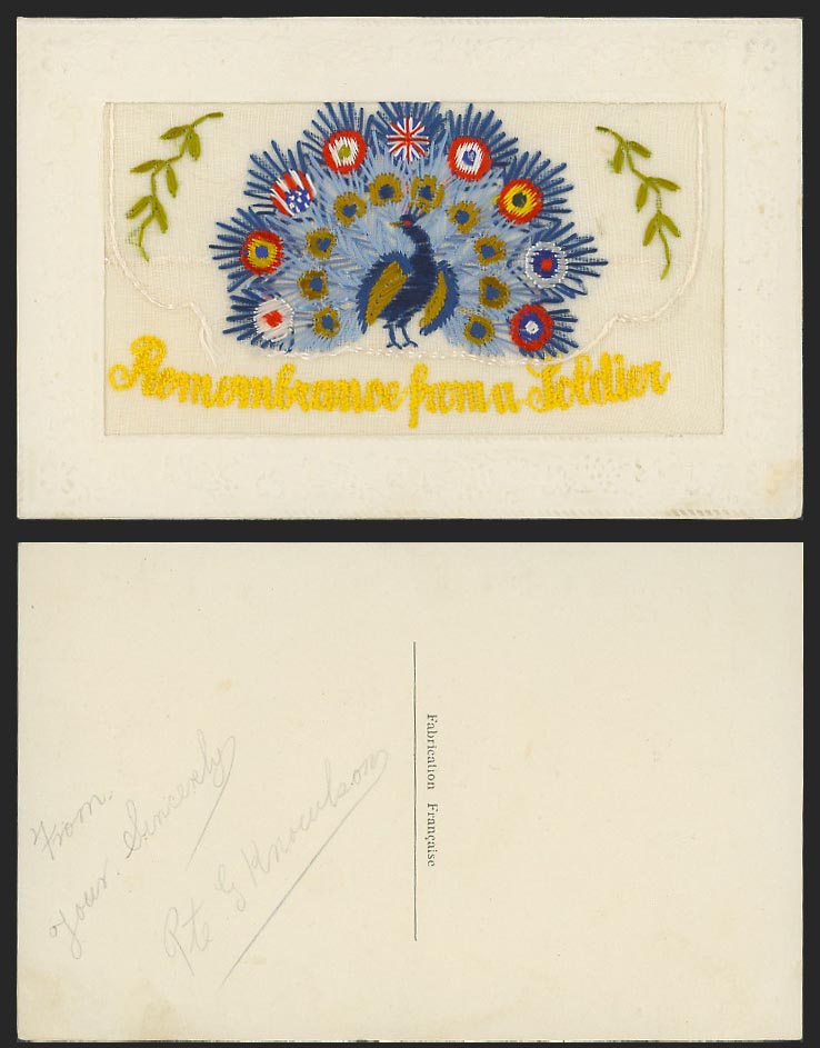 WW1 SILK Embroidered Old Postcard Peacock Bird Remembrance from a Soldier Wallet