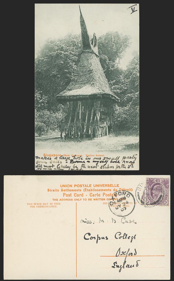 Singapore Straits S. KE7 3c 1907 Old Postcard New Guinea Native House Malay Hut