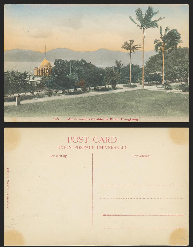 Hong Kong China Old Hand Tinted Postcard Mid-Summer of Robinson Road, Palm Trees