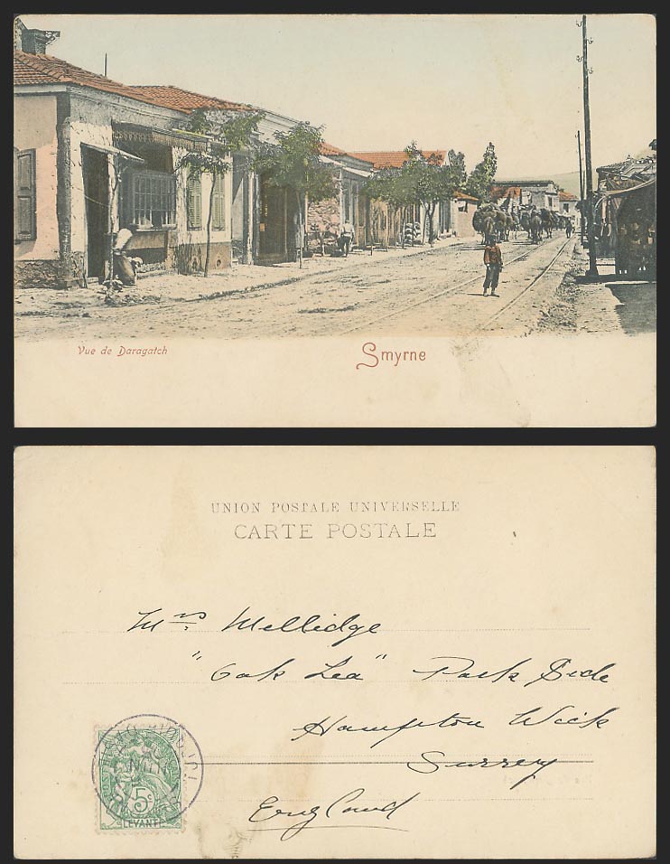 Turkey Levant 5c 1905 Old Hand Tinted UB Postcard SMYRNE Vue de Daragatch Street