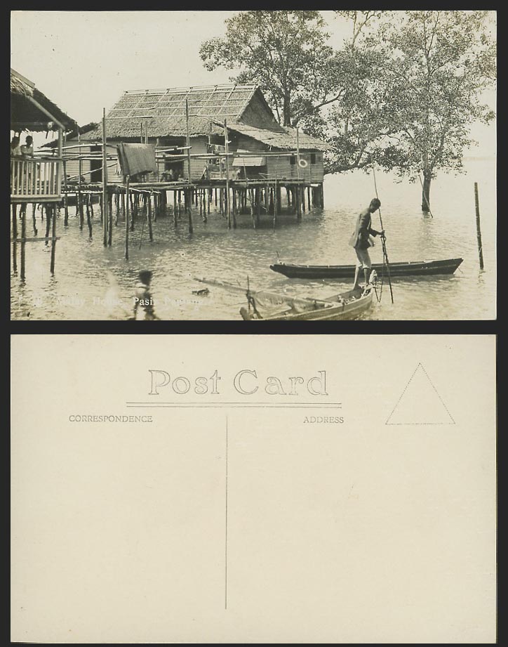 Singapore Pasir Panjang Malay Houses Stilts Boats Canoes Old Real Photo Postcard