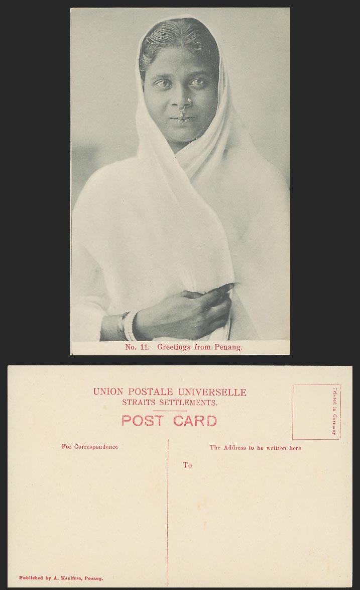 Penang, Greetings from Old Postcard Hindu Woman Lady Girl Straits Settlements 11