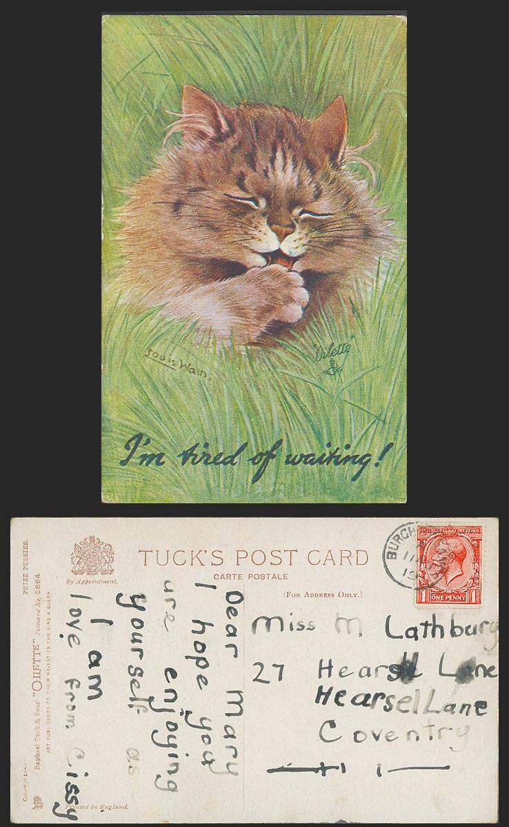 Louis Wain Artist Signed Cat Prize Pussie I'm Tired of Waiting 1919 Old Postcard